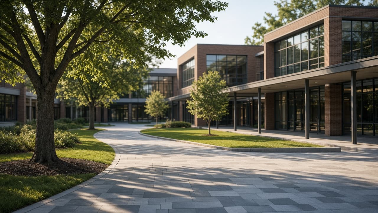 Sunlit school courtyard with students walking along open walkways
